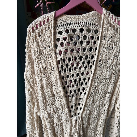 Free People Long Crochet Cardigan Duster Sweater Cream Size Large Boho Festival - Picture 4 of 6